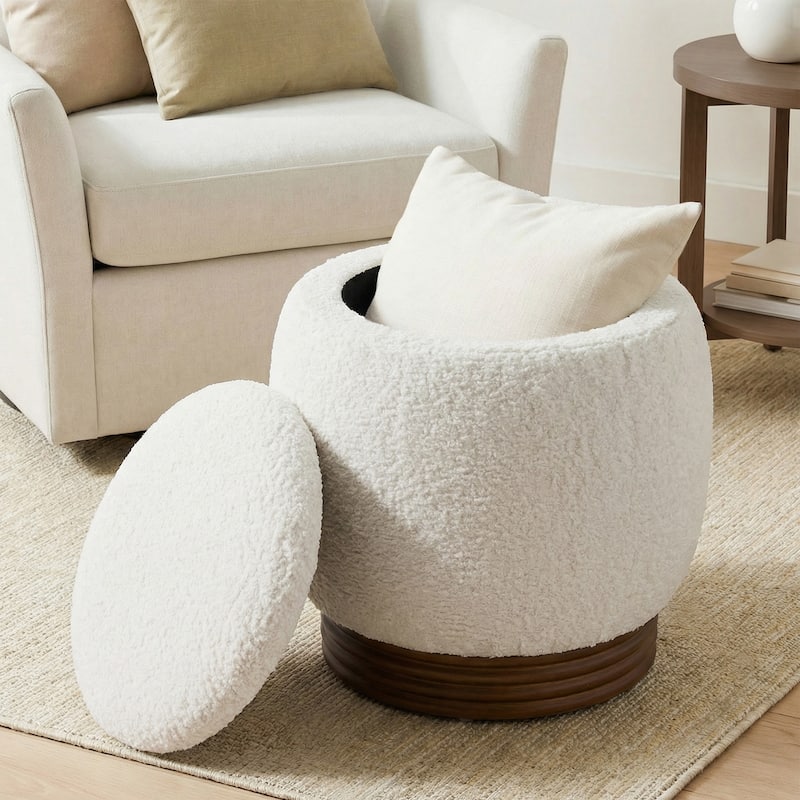 Fully Assembled Round Storage Pouf Ottoman Footstool with Flip-top and Acacia Solid Wood Frame - White Sherpa