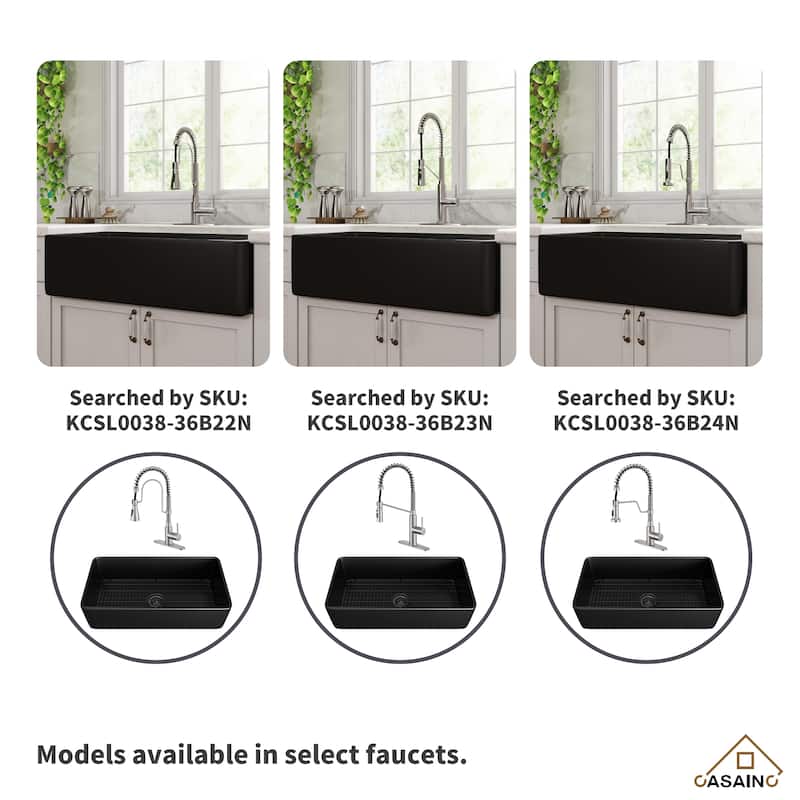 Farmhouse/Apron-Front Single Bowl Fireclay Kitchen Sink with 3-Function Pull-Down Kitchen Faucet, Grid, and Basket Strainer