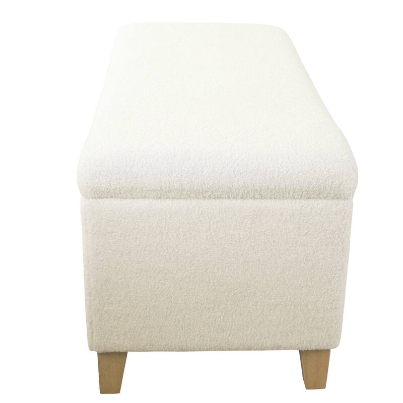 Liv 42 Inch Cream Sherpa Storage Bench Ottoman with Natural Brown Wood