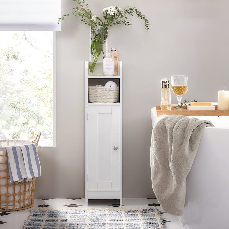 Small Bathroom Storage Corner Floor with Door and Shelves On