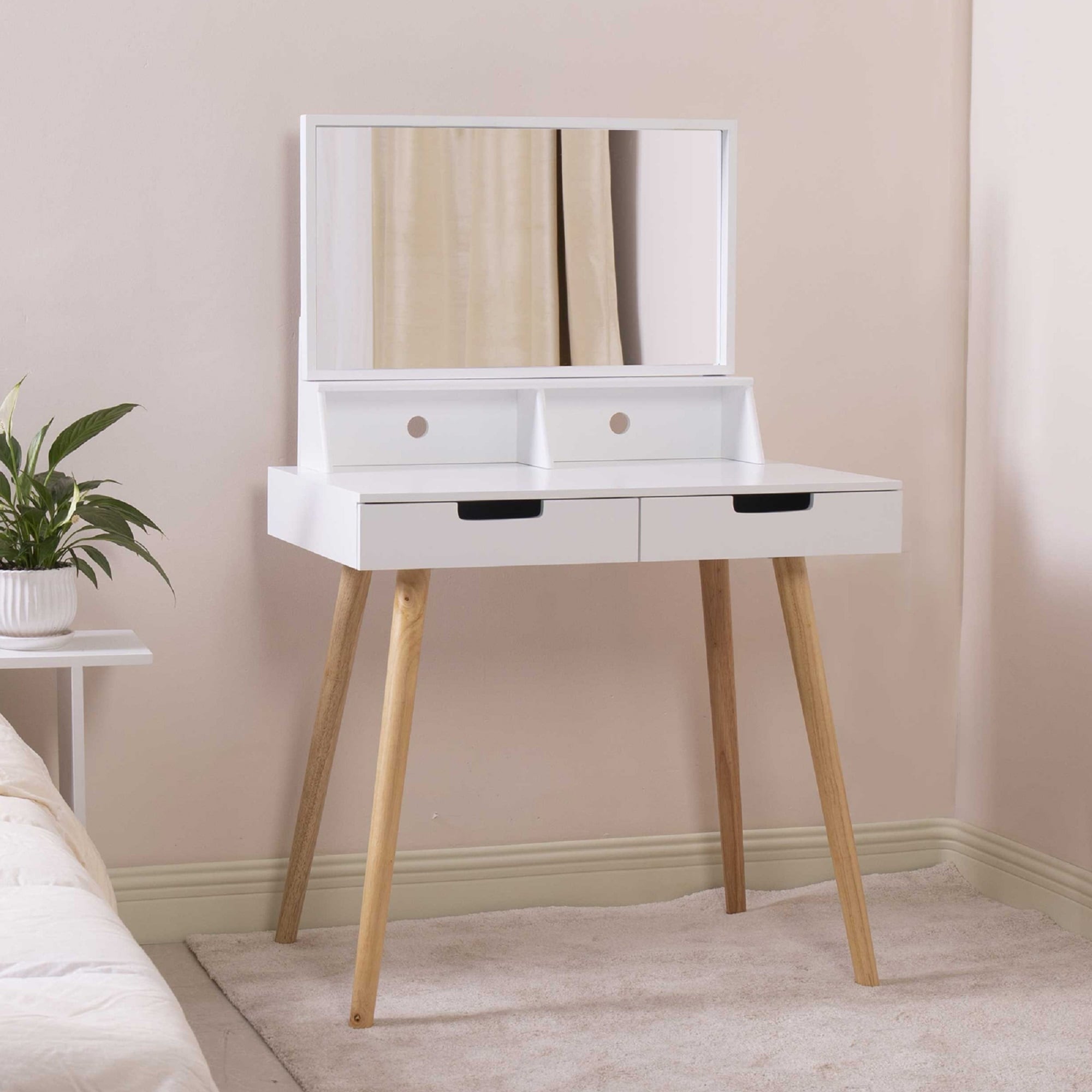 Elegant White Wooden Makeup Vanity Table with Solid Wood Legs, Real 