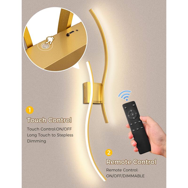 YANSUN 2-Set Dual-Wave Rechargeable Wall Light, 6000mAh Battery, Indoor Lighting, Gold Finish - 39.37*7*6.22