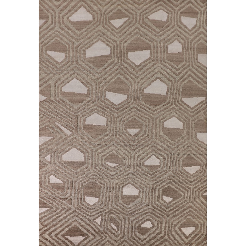 Geometric Modern Oriental Area Rug Handmade Beige Wool Carpet - 9'0" x 11'8"