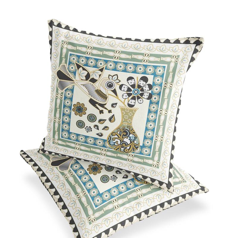 HomeRoots Set of Two 16" X 16" Blue and Yellow Peacock Blown Seam Floral Indoor Outdoor Throw Pillow - 16.00' X '16.00' X '5.00