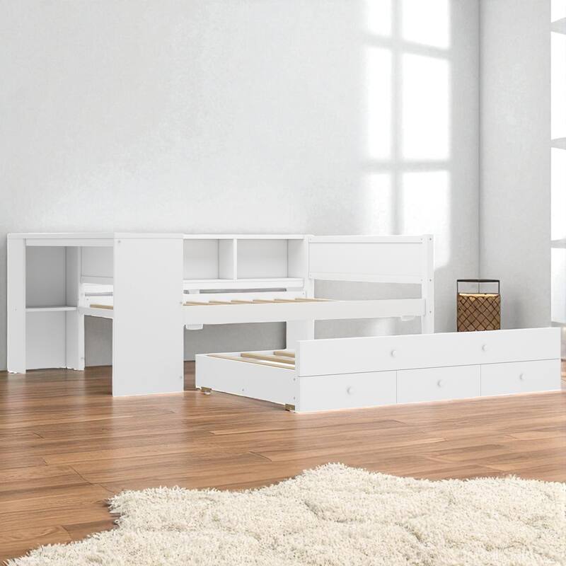 Twin/Full Size Wood Daybed with Trundle, Storage Drawers, Shelves and Built-in Desk, No Box Spring Needed