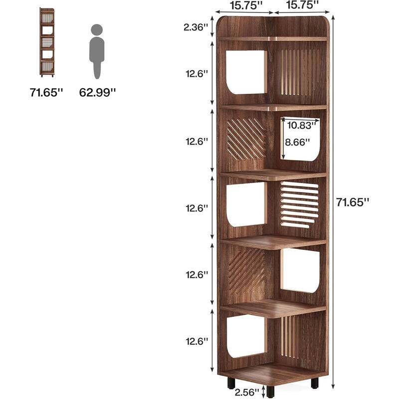 Premium 6 Tier Narrow Corner Bookshelf Full Brown Wooden Storage Shelf with Metal Legs and Anti Tipping Device