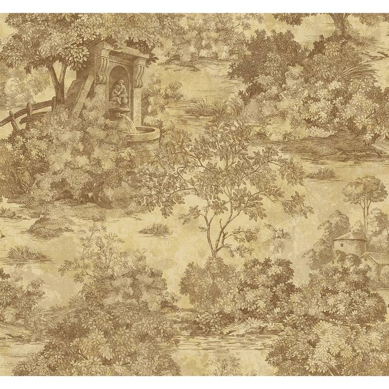 Seabrook Designs Morin Fountain Toile Unpasted Wallpaper - 27 in. x 27 ft. L - Metallic Toffee
