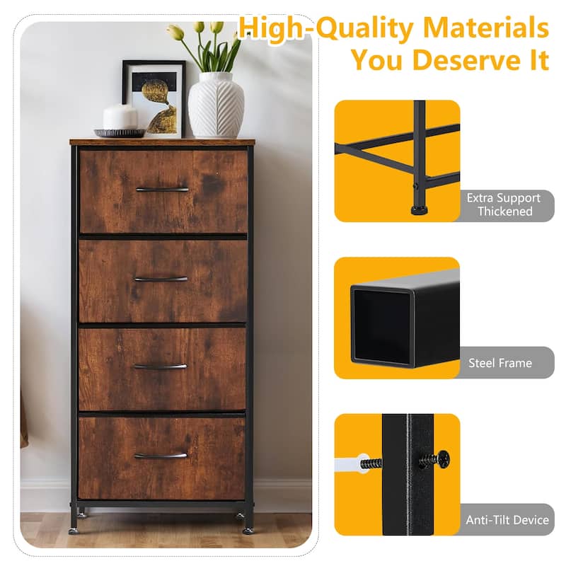 4 Drawers Dresser Storage Organizer Unit w/Removable Fabric Bins, Steel Frame Wood Top