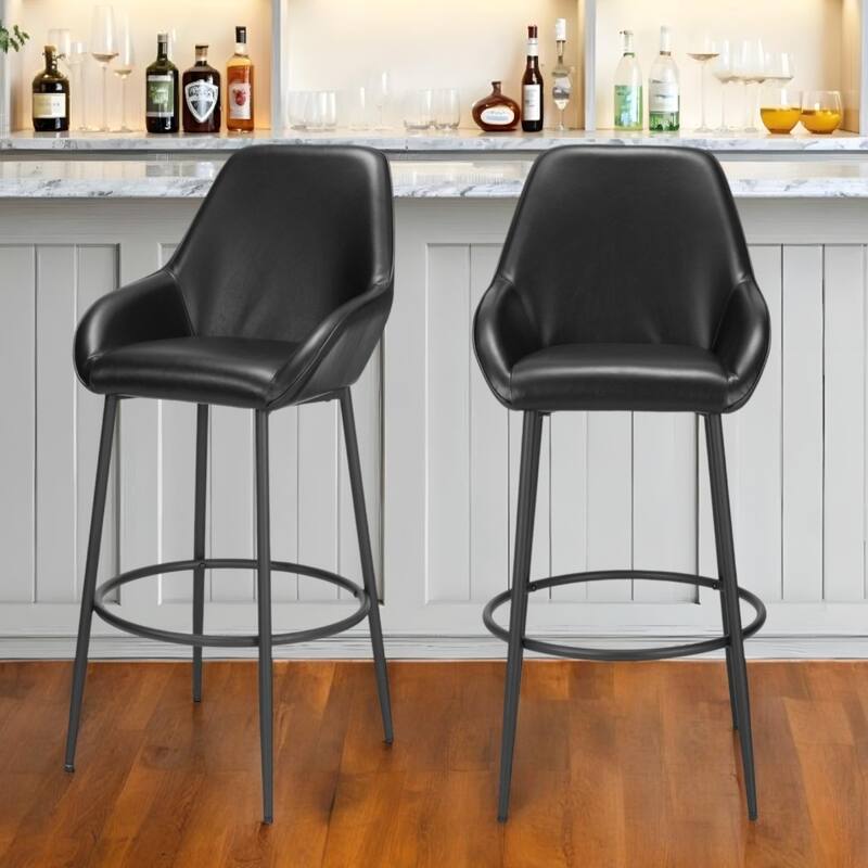 Set of 2 Modern Bar Height Chairs Black Faux Leather Upholstered Stools with Arms and Footrest - 42.5”H x 22.4”W x 24”D