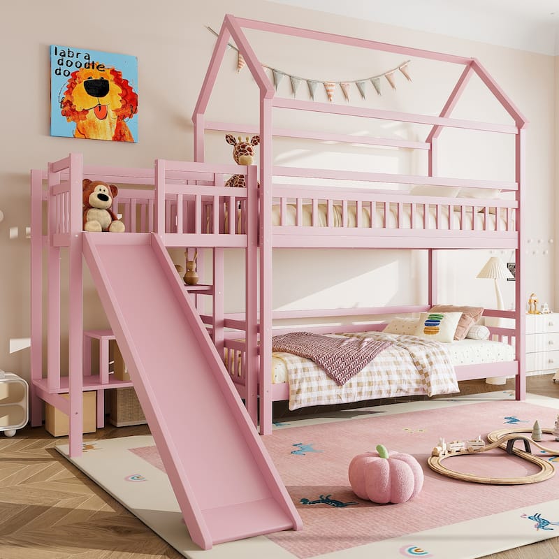 House-shaped Bunk Bed Playful Kids Bed Frame with Storage Stairs, Slide and 2 Placement Methods for Boys and Girls