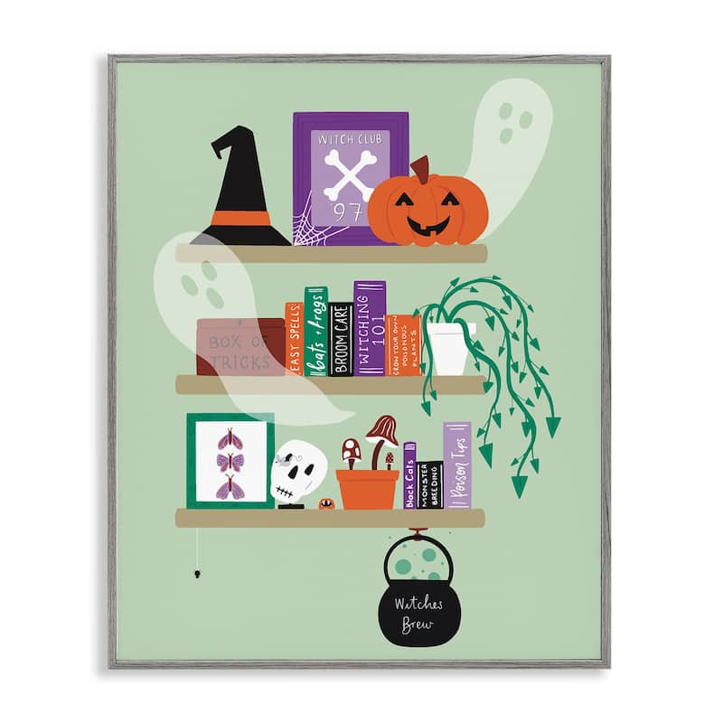Stupell Witchy Halloween Bookshelf Framed Giclee Art Design By Sazerelli Designs - 11 x 14 - Grey