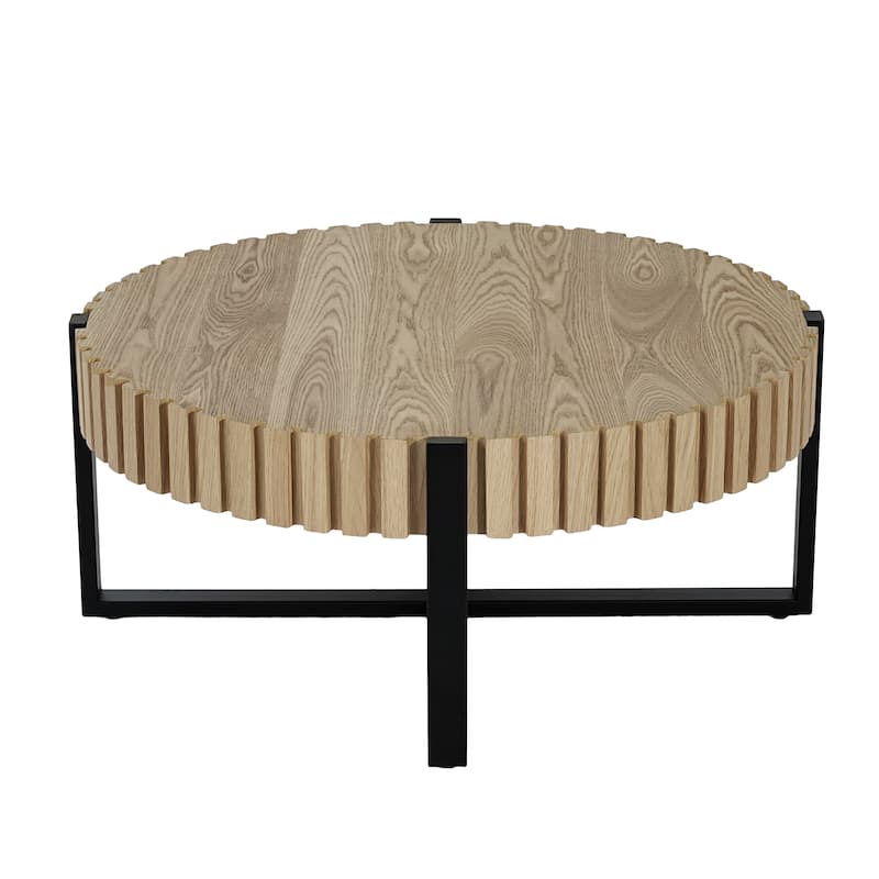 Roomfitters 31.5" Round Drum Coffee Table, Handcrafted Gear-Design Wood Grain Top with Modern Black Cross Metal Base