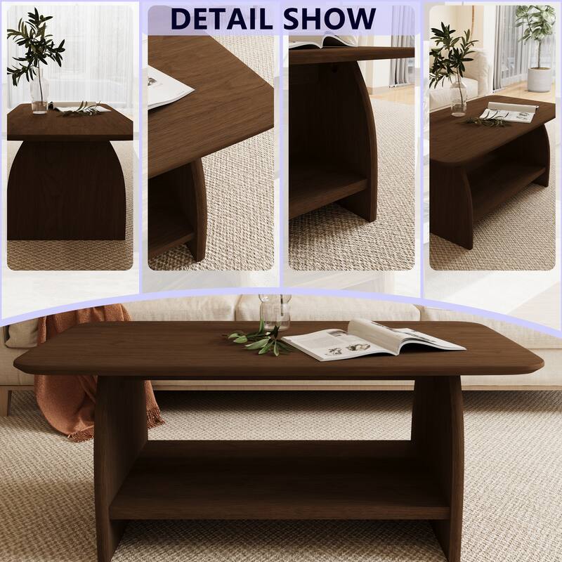 Modern Living Room Coffee Table, 47 Inch Double-Layer Rectangular With Storage Function, Safety Rounded Design, MDF Material