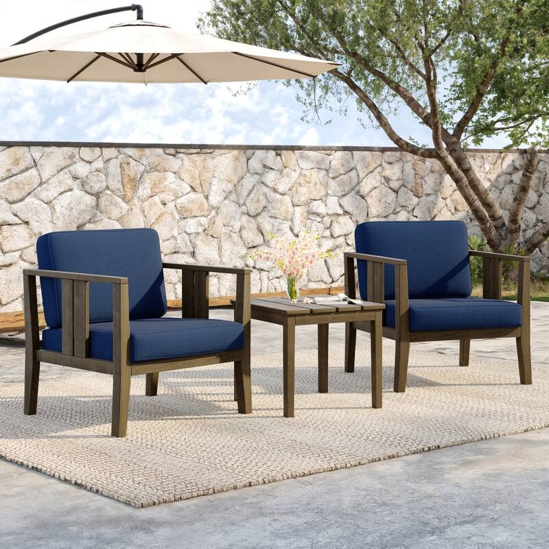 Teak Wood Upholstery Water-resistant Outdoor Armchair and Side Table Set (Set of 3) - Brown frame - Navy/Brown