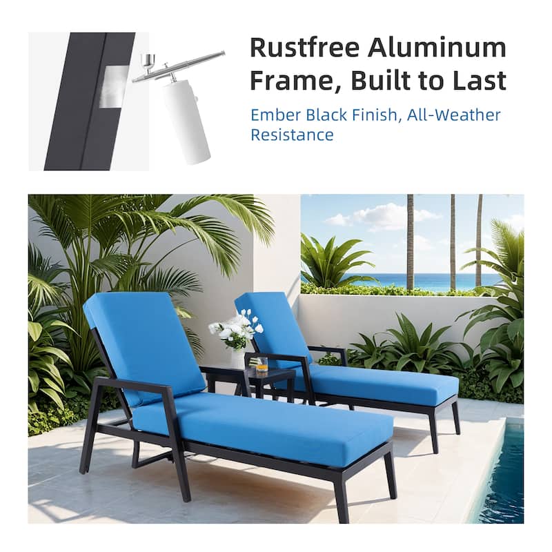 3-Piece Patio Chaise Lounge Set - 2 Aluminum Recliners & End Table, Wheels, Adjustable Back, Sunbrella, Ember Black