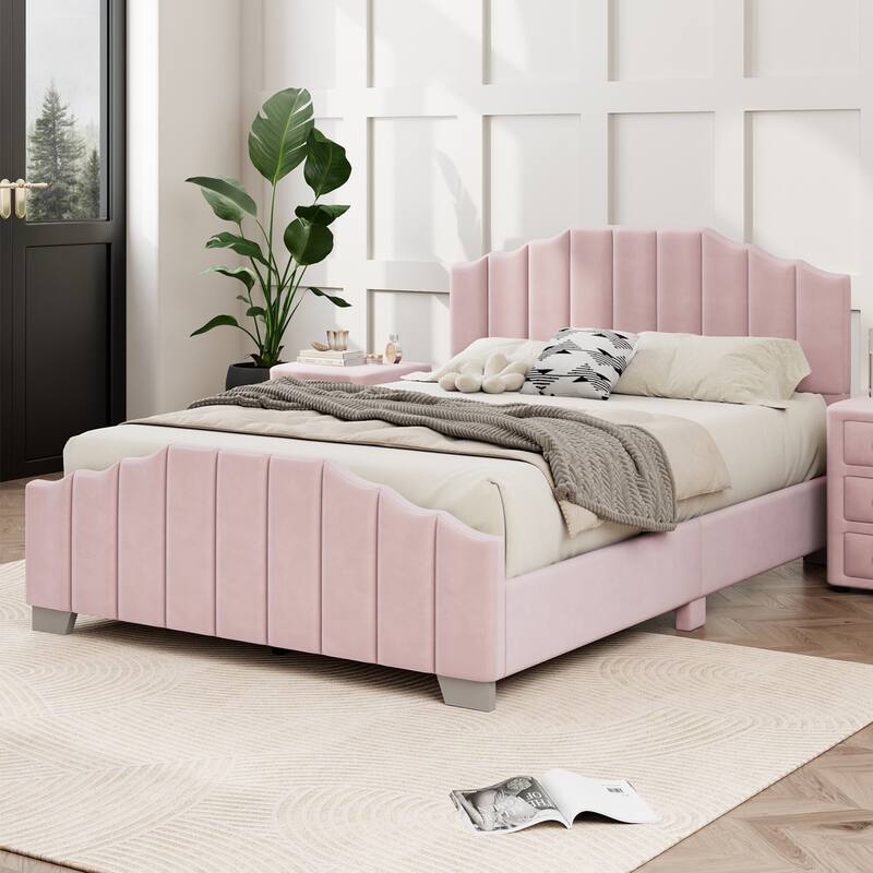 Velvet Upholstered Platform Bed Frame Vertical Channel Wingback Bed Tufted Headboard Footboard, Low Profile Panel Bed - Pink - Full