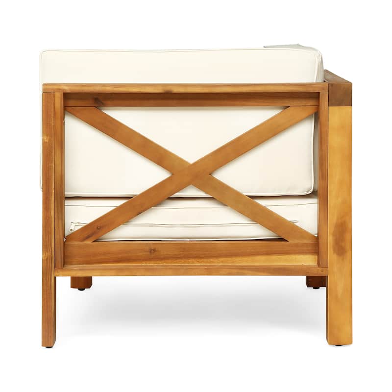 Roomfitters Outdoor 2-Seater Sectional Loveseat with Coffee Table, Wooden Patio Sofa Set with Cushions