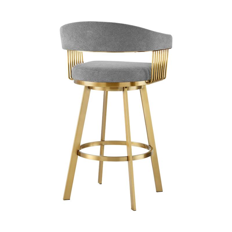 Luci Swivel Barstool Chair, Gold Steel, Tapered Legs, Gray Polyester