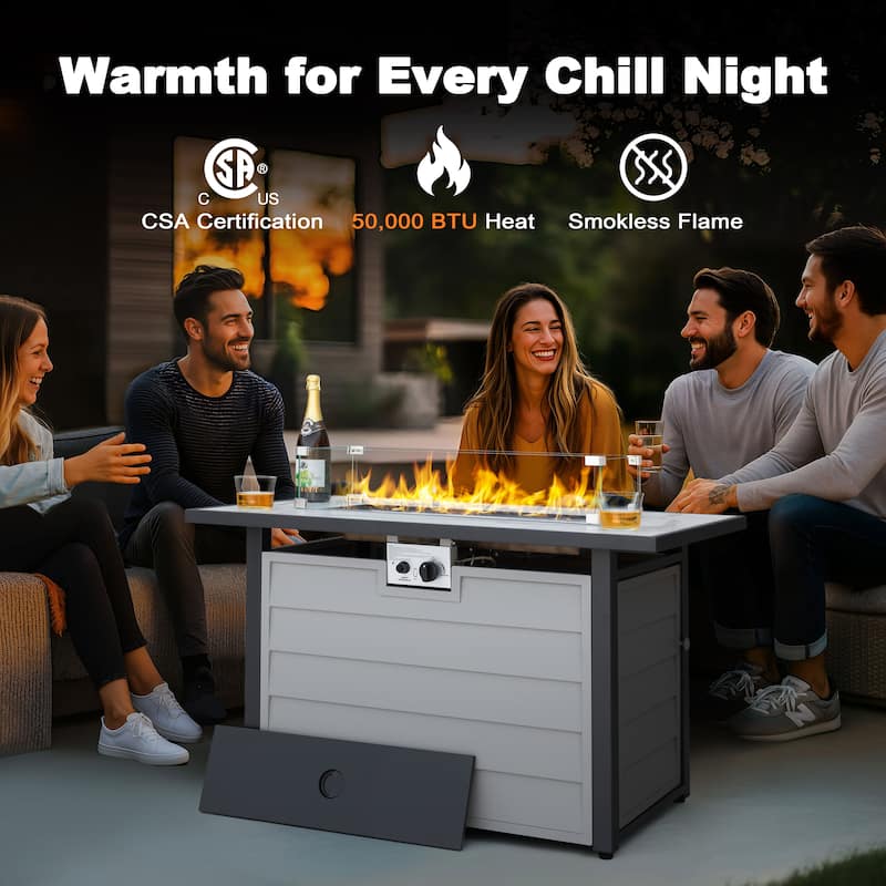 43'' Outdoor Propane Gas Fire Pit Table with Marble Texture Glass Tabletop, Ivory White