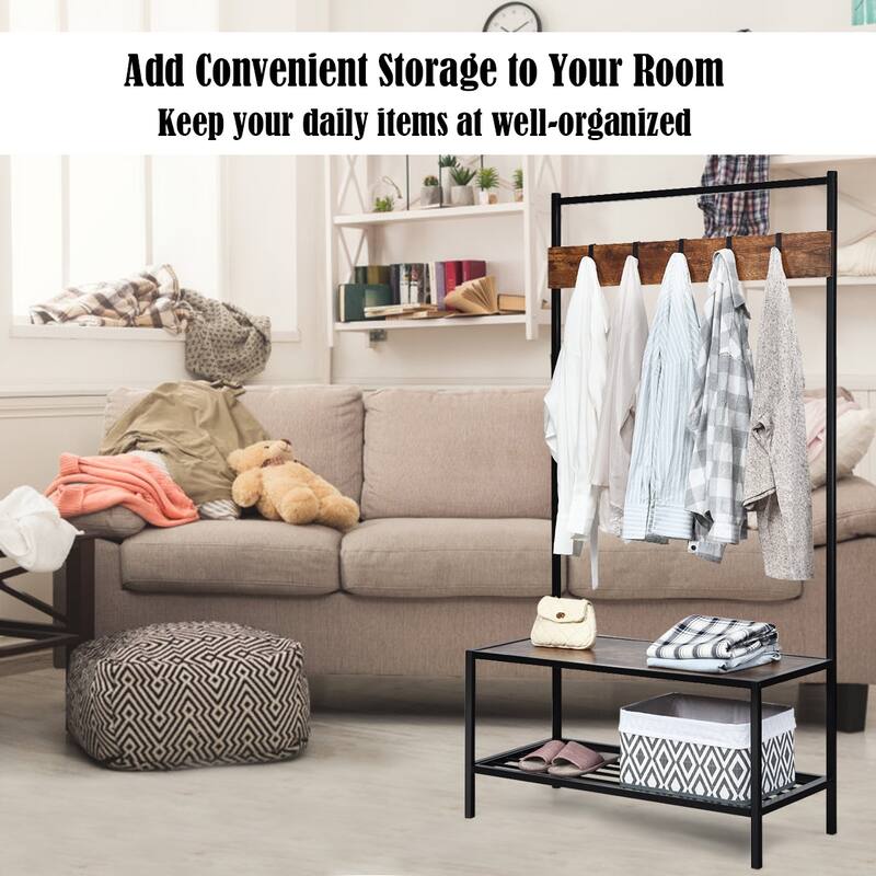 COSTWAY 3 in 1 Industrial Coat Rack Shoe Bench Entryway Hall Tree - 35.5'' x 16'' x 67'' (LxWxH)