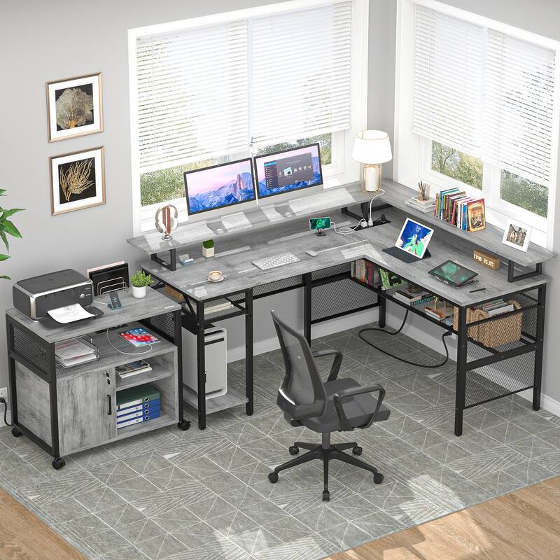L Shape Computer Desk Reversible Gaming Desk with Charge Station and LED Light