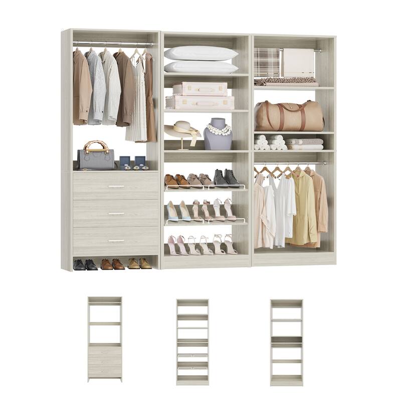 Set of 3 Closet Organizer with Drawers and Shoe Rack, Freestanding Closet System for Bedroom or Walk-in Closet