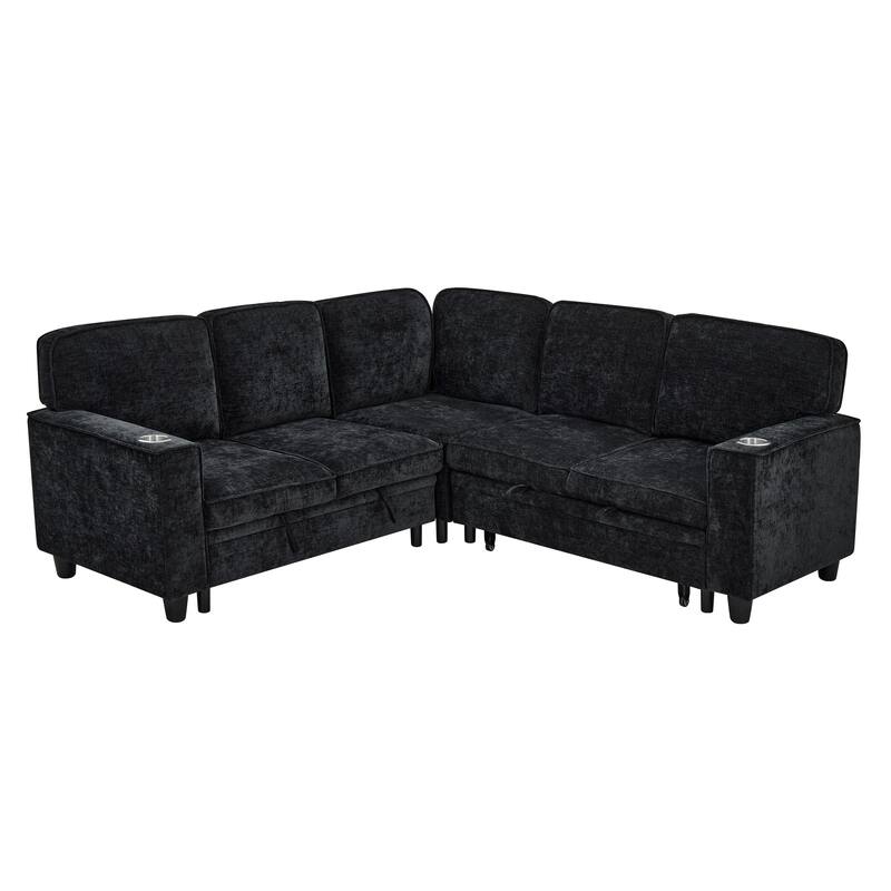 L-Shaped Sectional Sofa with Pull Out Sofa Bed, Convertible Sleeper Sofa Bed with Storage & USB Ports, Large Corner 5 Seat Sofa