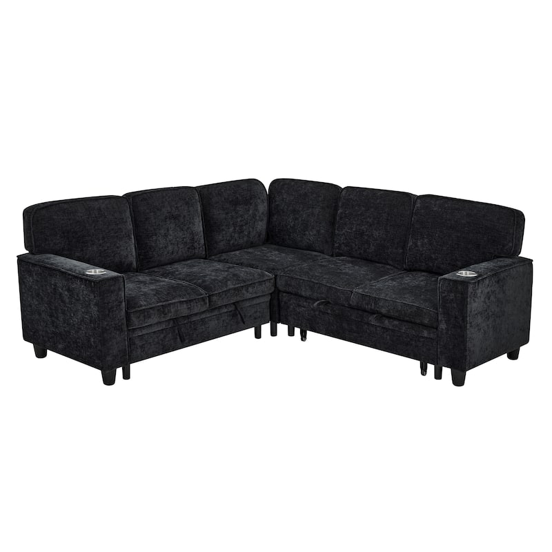 Modern Chenille L-Shaped 5-Seat Sectional Sofa Bed with Storage, USB Ports and Cup Holders for Living Room