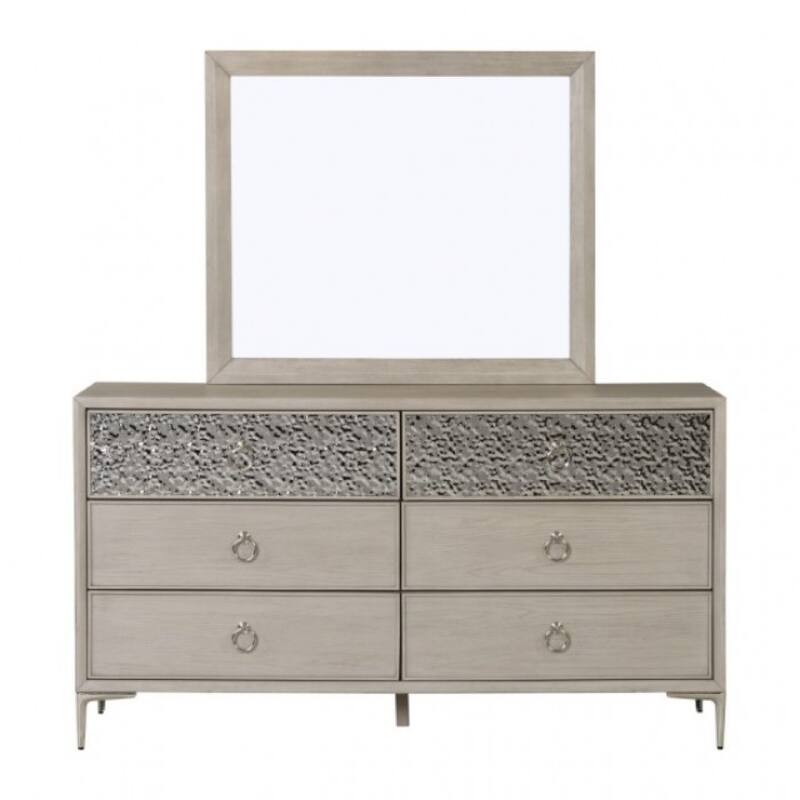 Kaira 66 Inch Dresser, 6 Drawers, Textured Metal, Natural Oak Brown
