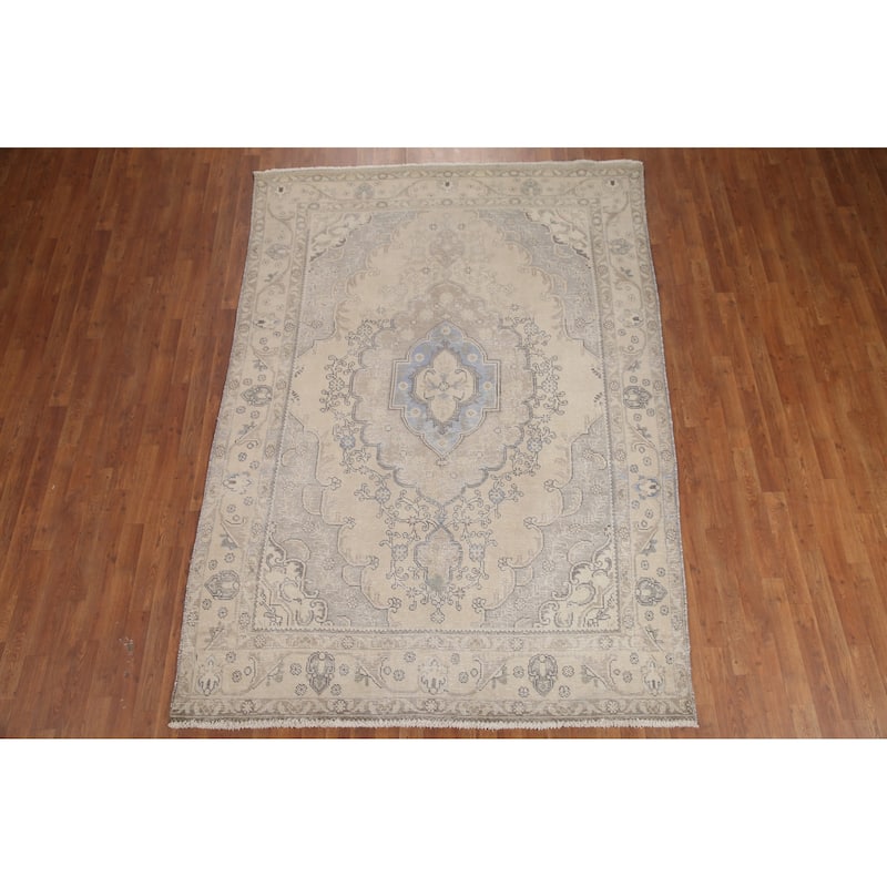 Hand Knotted Oriental 100% Wool Carpet Traditional Medallion Beige & Ivories Tabriz Area Rug - 8' 11'' X 6' 2''