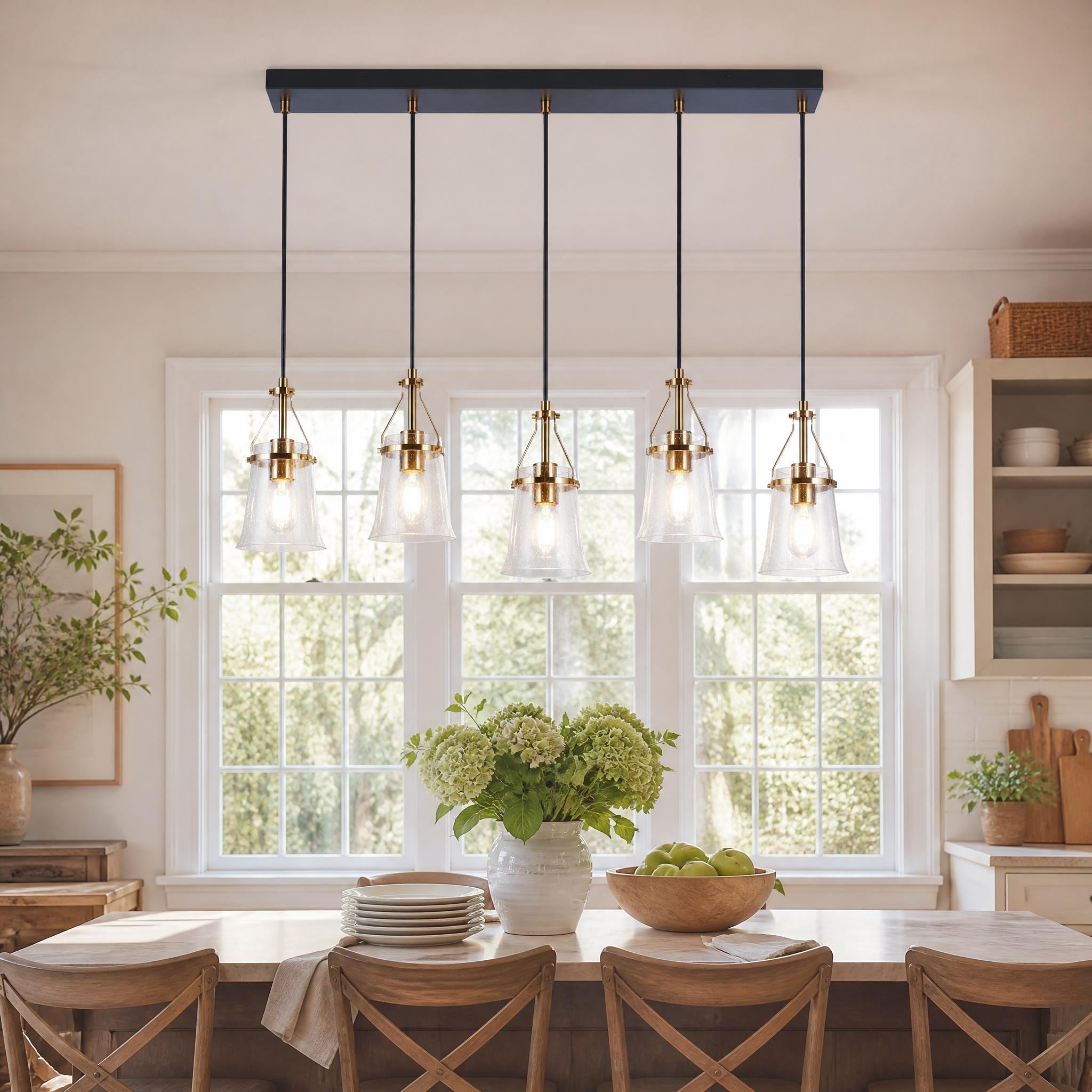 LALUZ Modern Farmhouse 5-Light Black Wire Adjustable Linear Dining Cluster Pendant - W 33.5" x D 5.5" x H 10"