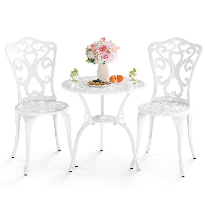 3 Piece White Cast Aluminum Patio Bistro Set with Umbrella Hole and Patterned Chairs - Chair: 20" × 16" × 34"