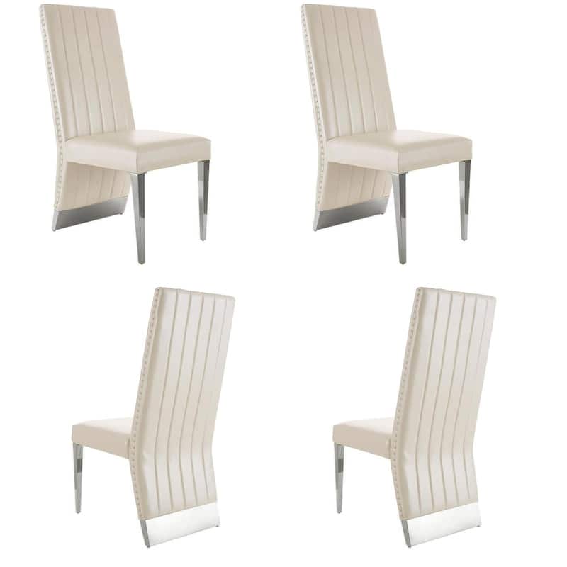 White PU Leather Dining Chairs with Nail Head Trims and Mirrored Silver Metal Legs - Set of 4