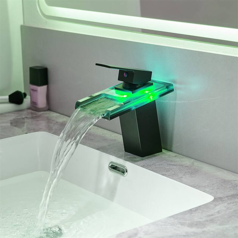 Single Handle Waterfall Bathroom Faucet with LED Light Bathroom Sink Basin Faucets