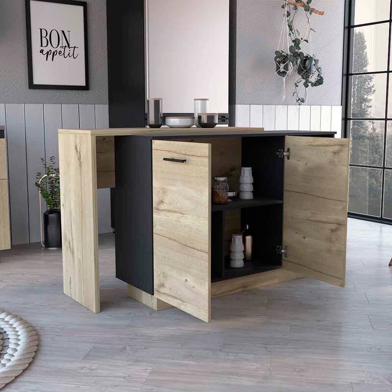 Sicilia Kitchen Island, Two External Shelves, Double Door Cabinets, Three Shelves -Black / Light Oak