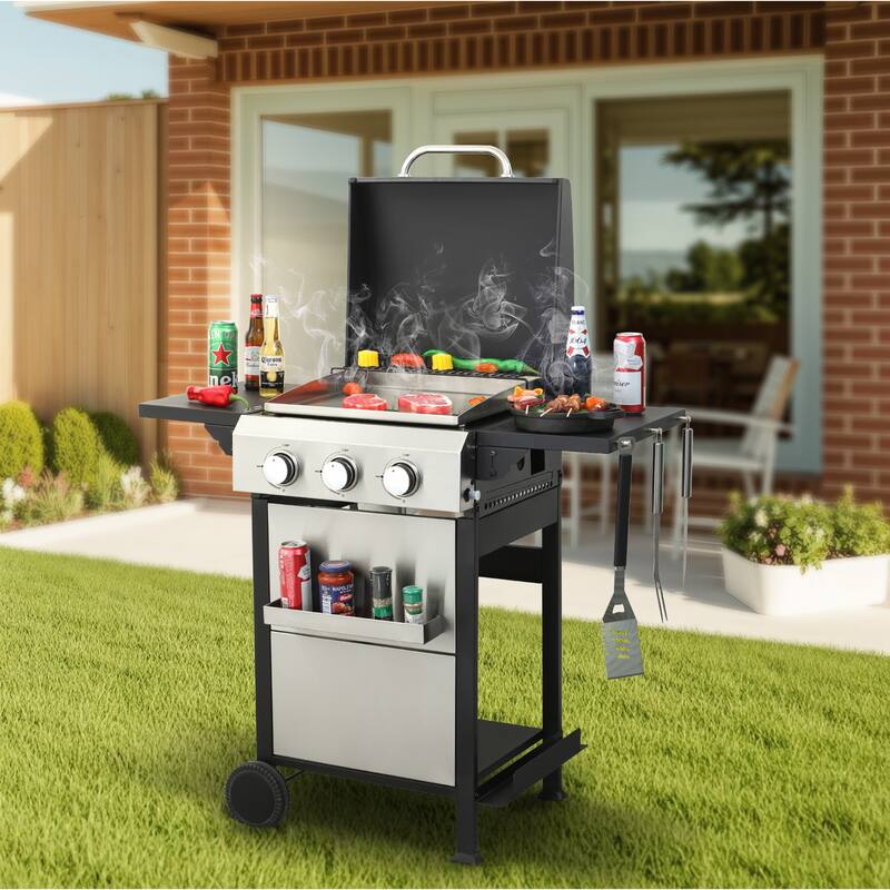 3 Burner Propane Gas Grill with Wire Enamel Cooking Grids Grid Foldable Side Table and Hanging Basket, for Outdoor Grilling - Black