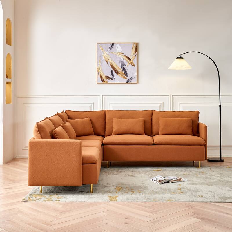 Minimalist Lshaped Orange Teddy Fabric Corner Sofa Solid Wood Frame