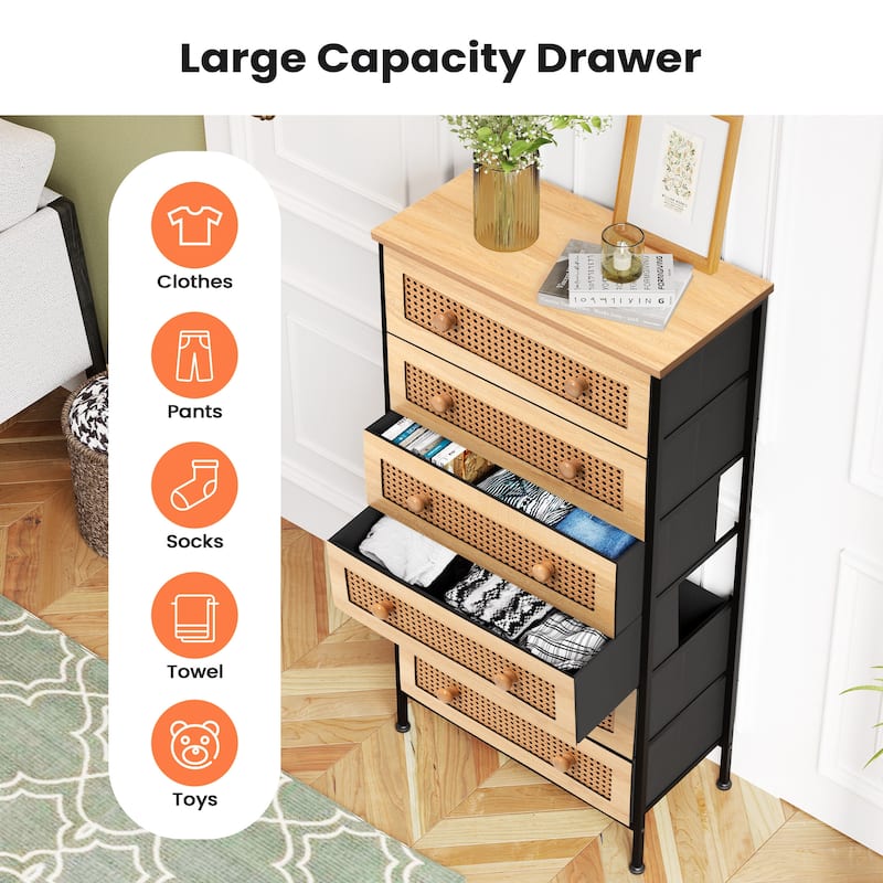 6-Drawer Dresser Chest PE Rattan Storage Tower Organizer Cabinet