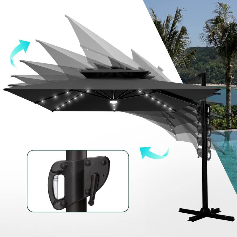 VredHom 9 x 11ft Outdoor Rectangular Dual Top Cantilever Patio Umbrella LED Light with Wheel Base