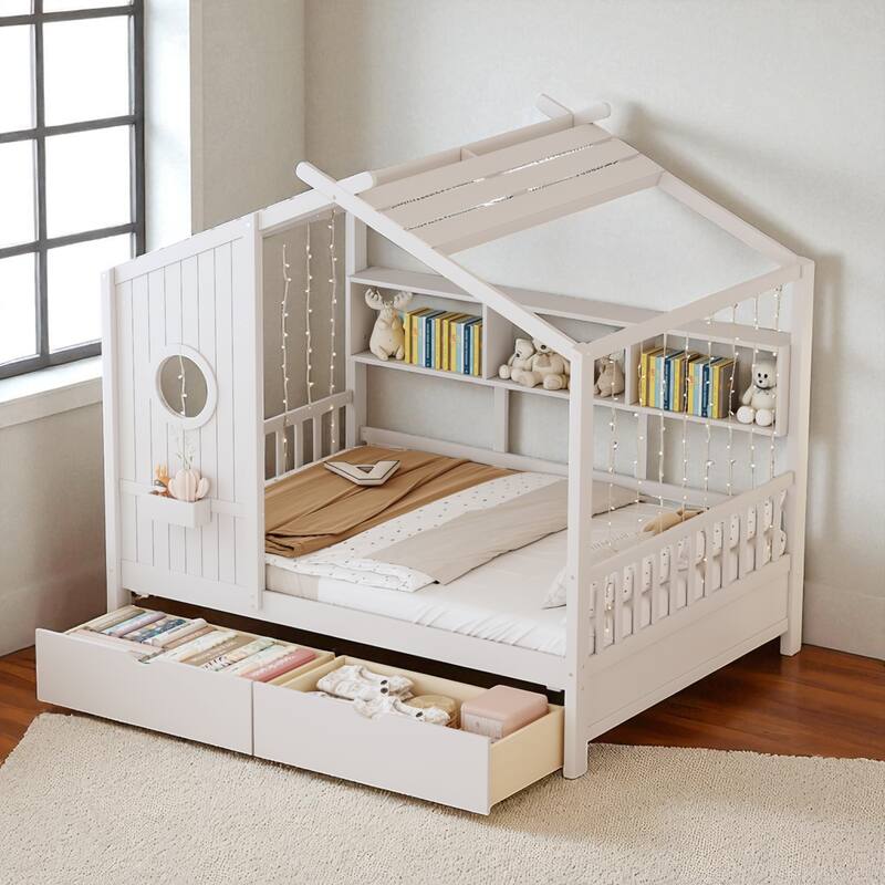 Twin/Full Size Wooden House Bed with Roof, Storage Shelf and 2 Drawers for Kids, Montessori Style - White - Full