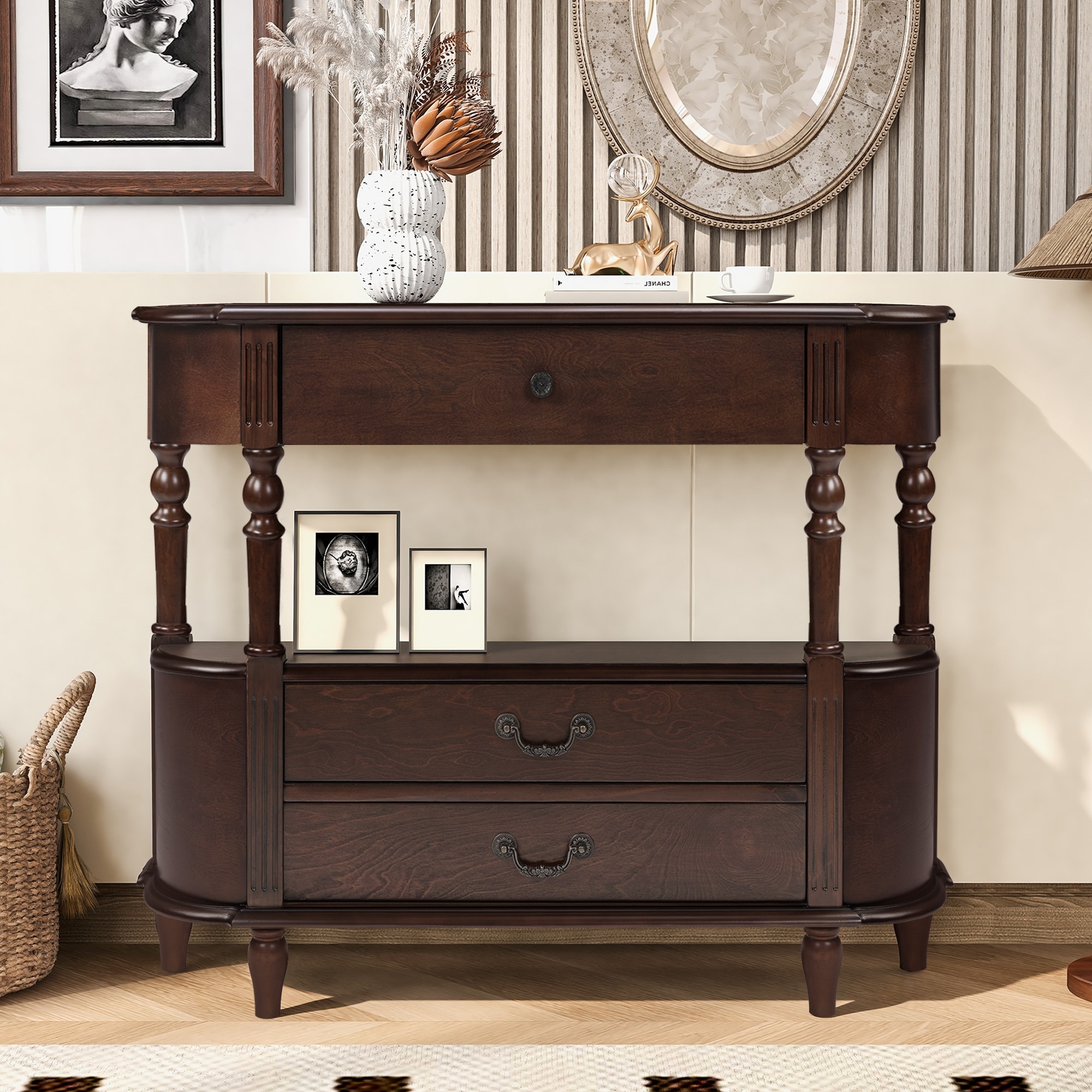 43"Retro Curved Wood Console Table with 3 Drawers and Storage Shelf