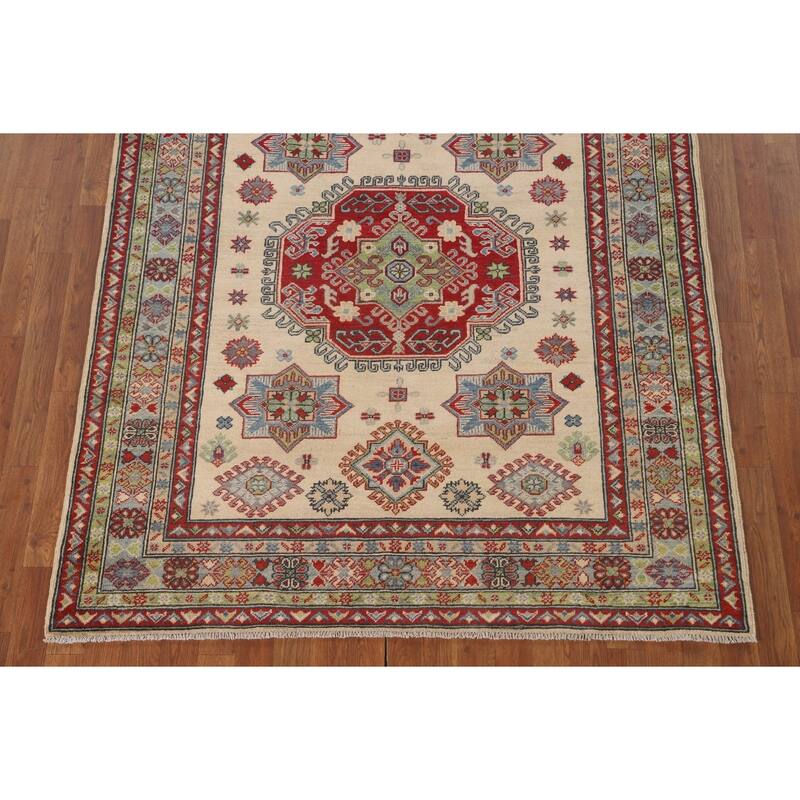 Geometric Beige Kazak Area Rug Handmade Wool Carpet - 5'1" x 6'4"