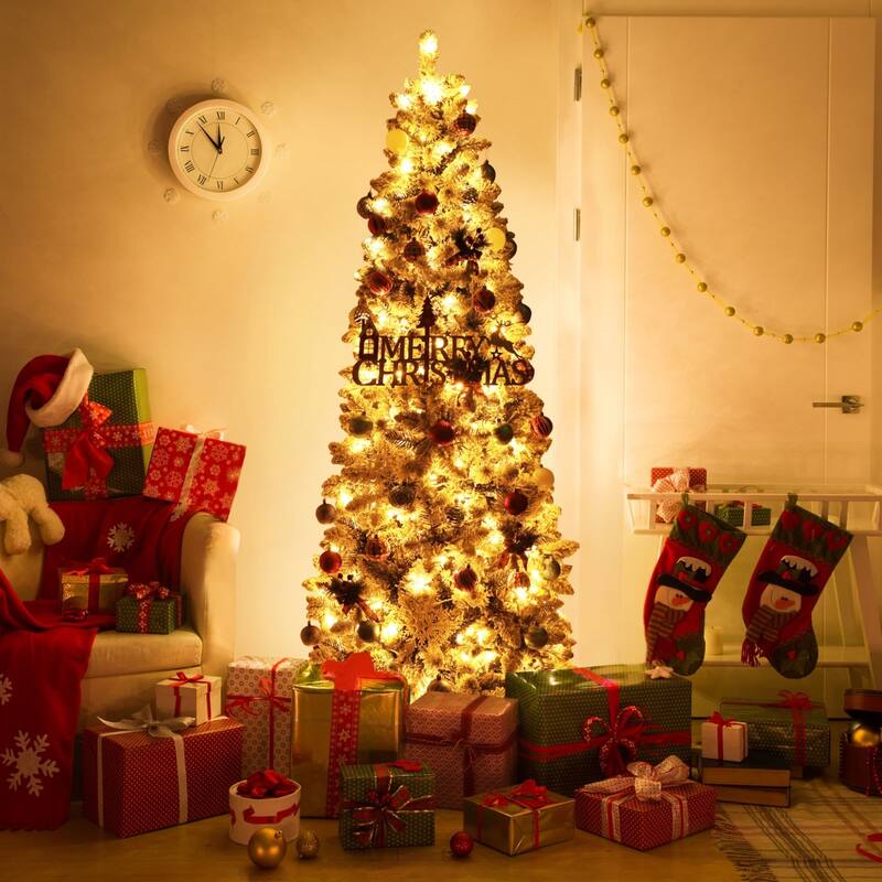 VEIKOUS Pre-Lit Artificial Christmas Tree Pencil Snow with Foldable Iron Stand with LED lights, 5.5/6.5/7.5 ft