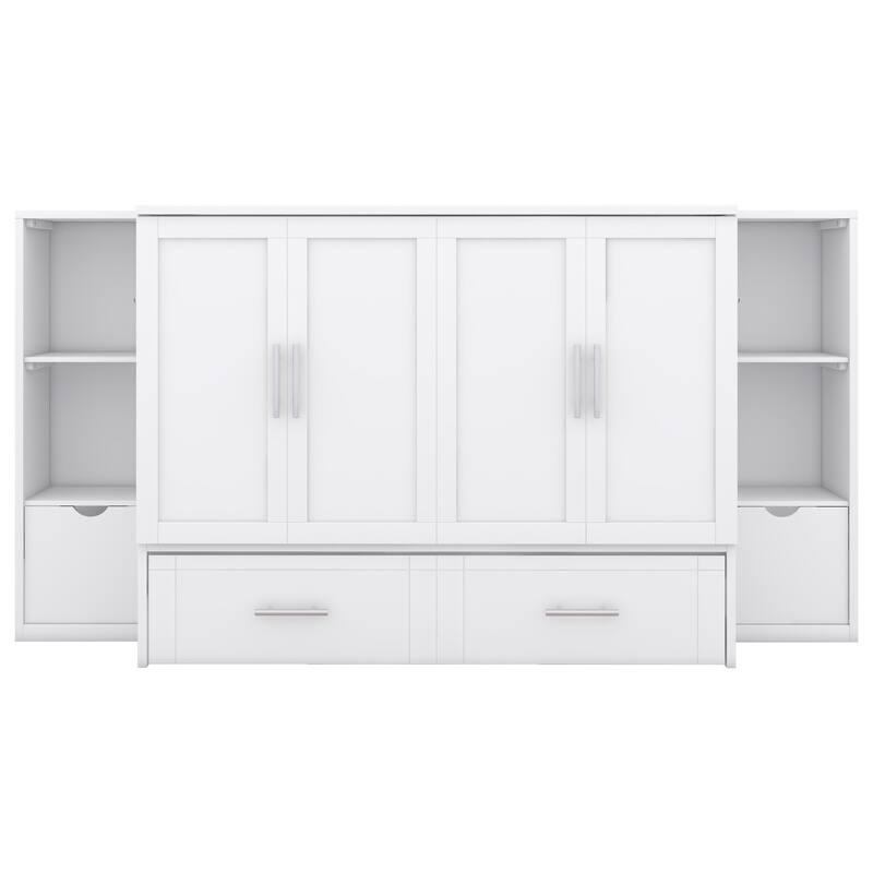 White Full Size Murphy Bed with Shelves, Drawers, and LED Lighting