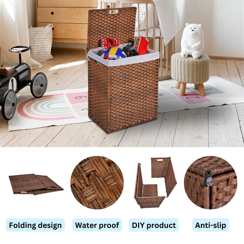 PE Rattan Laundry Hamper With Lid, Portable 100L Clothes Hampers with 2 Removable Bags