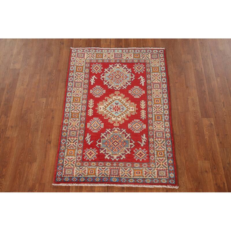 Kazak Oriental Accent Rug Hand-Knotted Geometric Red Wool Carpet - 2'9"x 4'1"