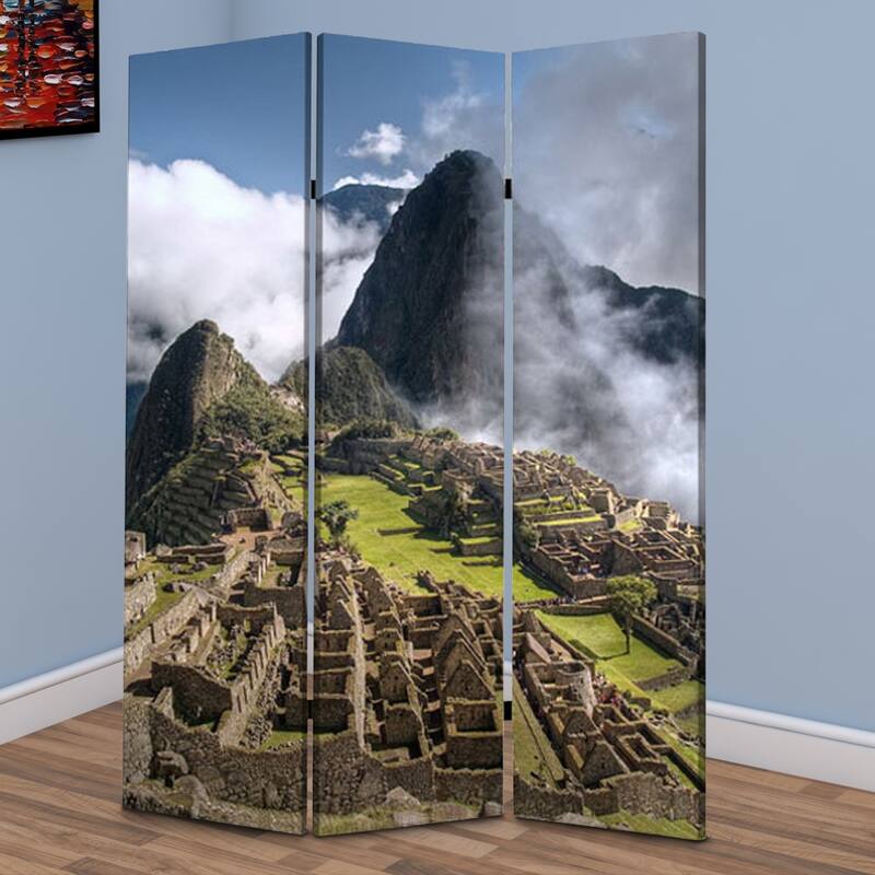 3 Panel Foldable Canvas Screen with Machu Picchu Print, Multicolor