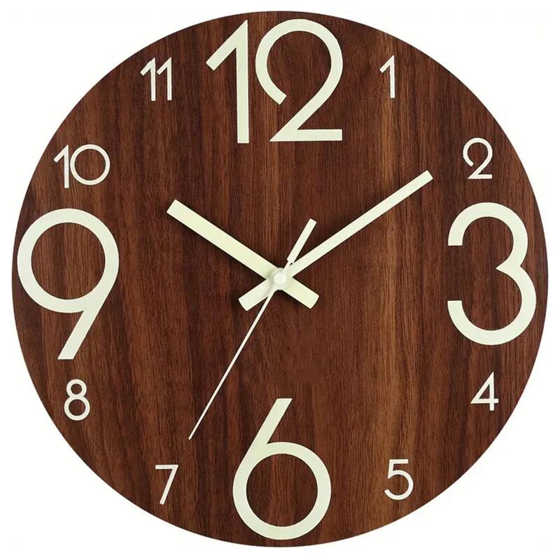 12 Inch Silent Wooden Wall Clock Glow in Dark for Home Decor - 12 Inch Dia. - Brown