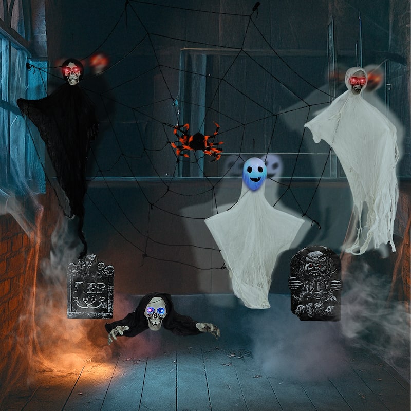 8-Piece Halloween Decorations Set with LED Eyes Ghosts Gravestones Skeleton and Giant Cobweb
