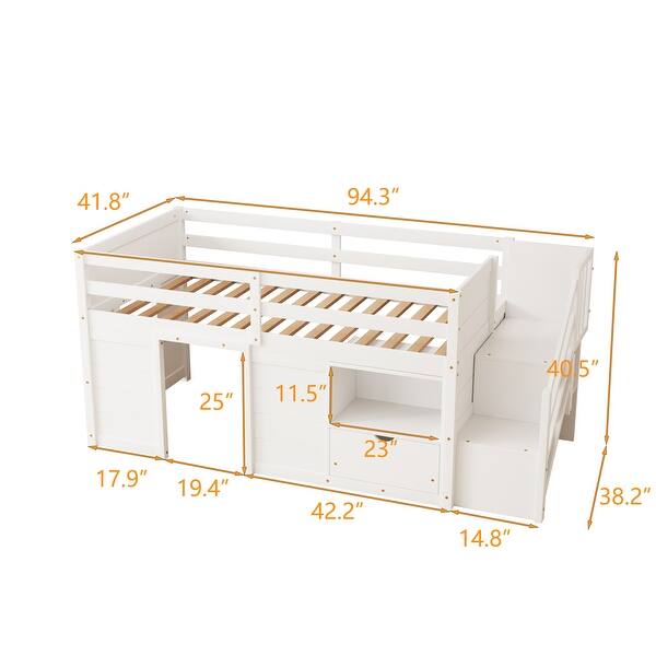 Modern Soidl Wood Twin Sise Low Loft Bed With Stair, Darwer, And Shelf